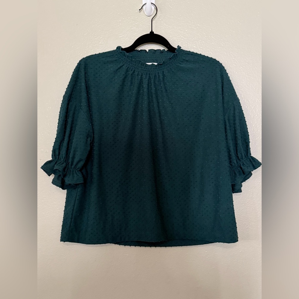 Madewell Texture & Thread Clipdot Ruffle Top Dark Green M